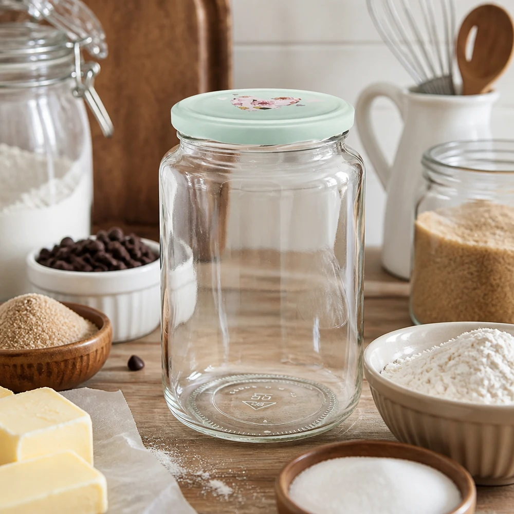 795ml ronde pot leeg met mint BasicSeal hart deksel tussen bakingrediënten bloem boter op houten plank keukenaccessoires