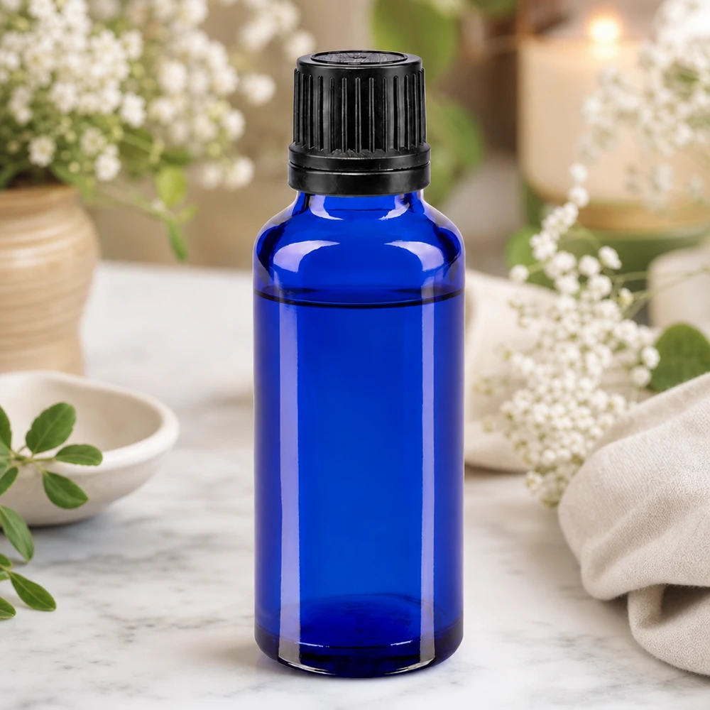 Blauwe glazen flessen 30ml met zwart druppelsluiting 1mm VR Hoogwaardige blauwe glazen fles van 30 ml met druppelaar, ideaal voor natuurgeneeskunde en aromatherapie