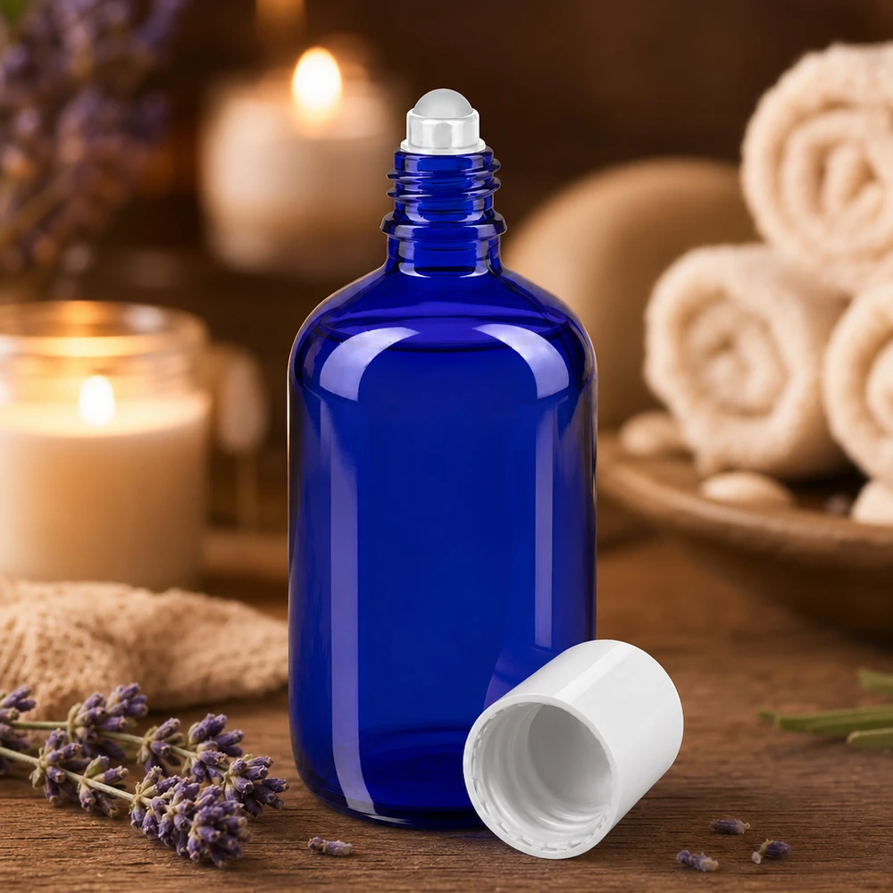 Apothekersflesje blauw 100ml roll-on cap wit Lichtbestendige glazen fles van 100 ml in blauw met roll-on-applicator voor cosmetica en parfum
