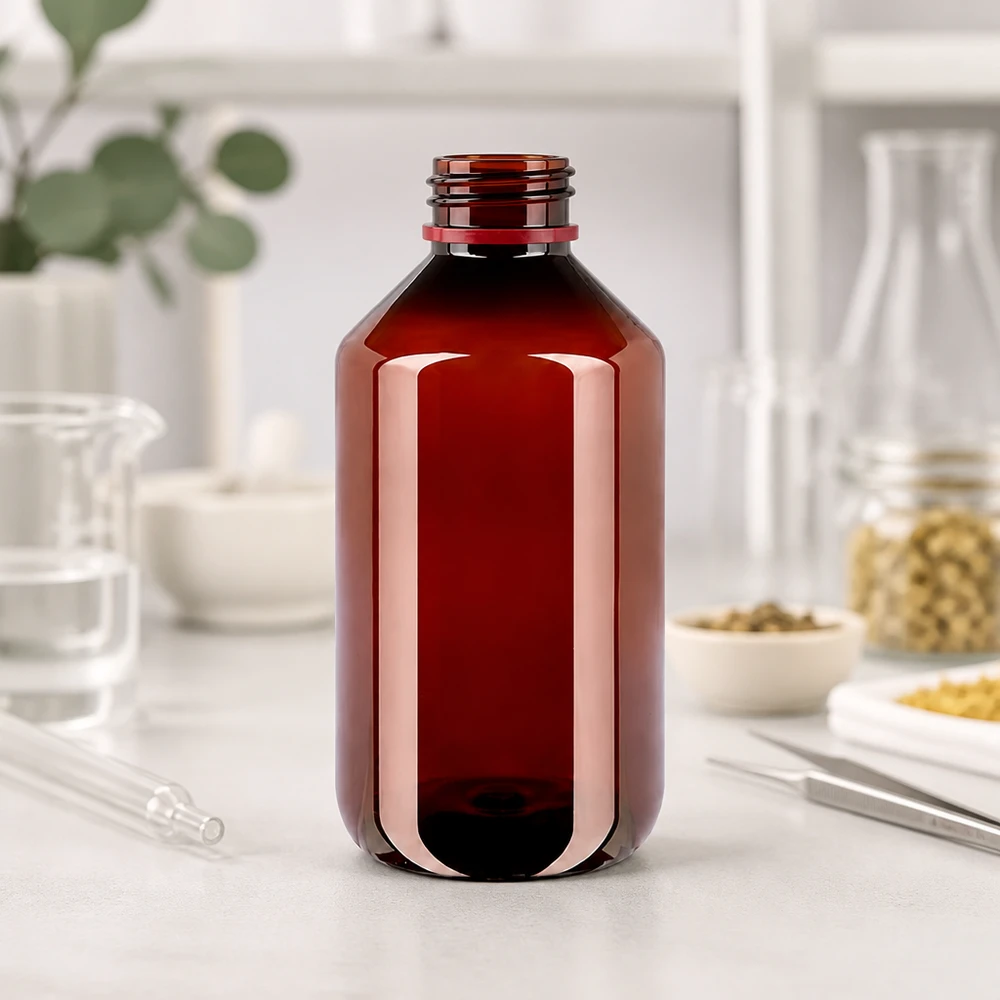 Bruine PET-fles van 500 ml, standaardformaat, met rode garantiedop voor vloeibare geneesmiddelen