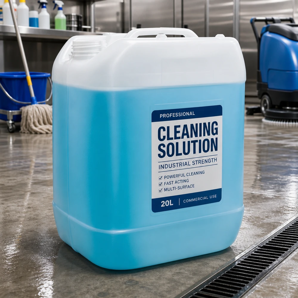 20l jerrycan, UN-toelating, zonder schroefsluiting Jerrycan van 20 liter met blauwe vloeistof en een wit etiket voor industriële reinigingsmiddelen voor diverse oppervlakken