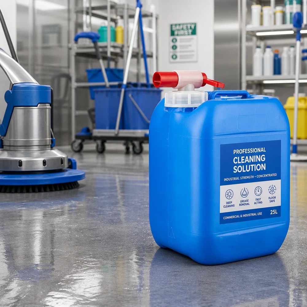Voedselveilige HDPE-kanister, blauw, 5 l, met tapkraan voor industriële reinigingsmiddelen