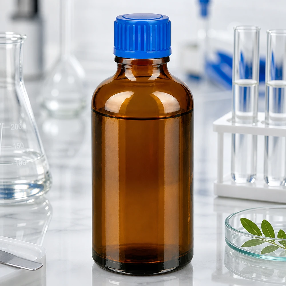 50 ml precisieflesje van amberkleurig borosilicaatglas met blauwe veiligheidsdop
