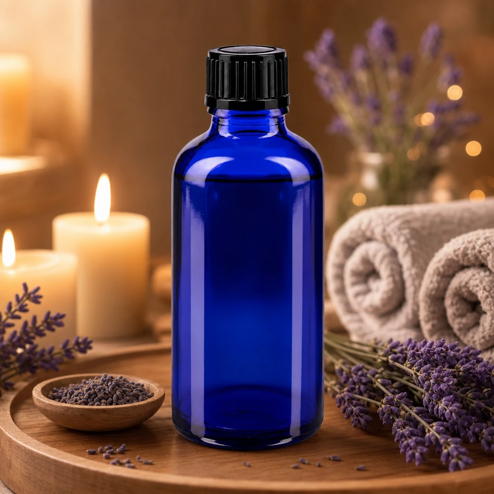 50 ml STD-druppelfles van ApoGlas, kobaltblauw met zwarte kindveilige sluiting
