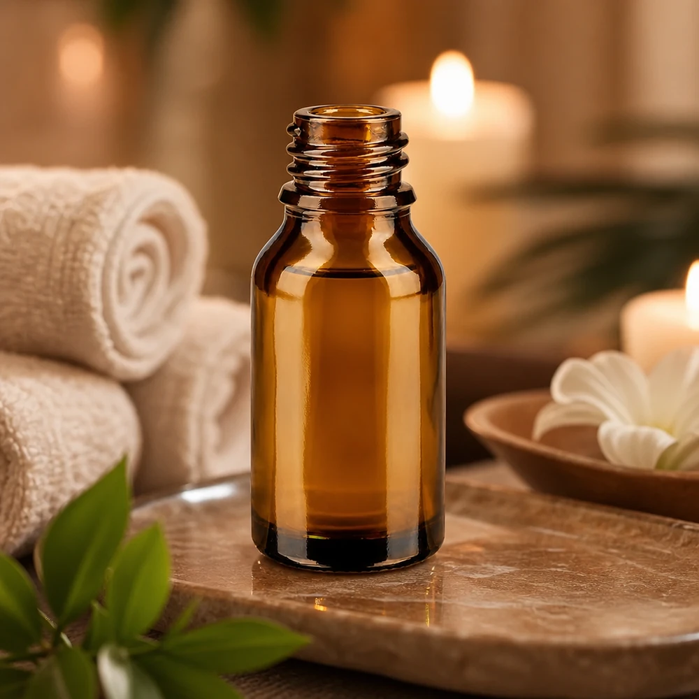 15ml bruin apothekersflesje ApoGlas in warm kaarslicht met witte handdoeken en groene bladeren Wellness decoratie