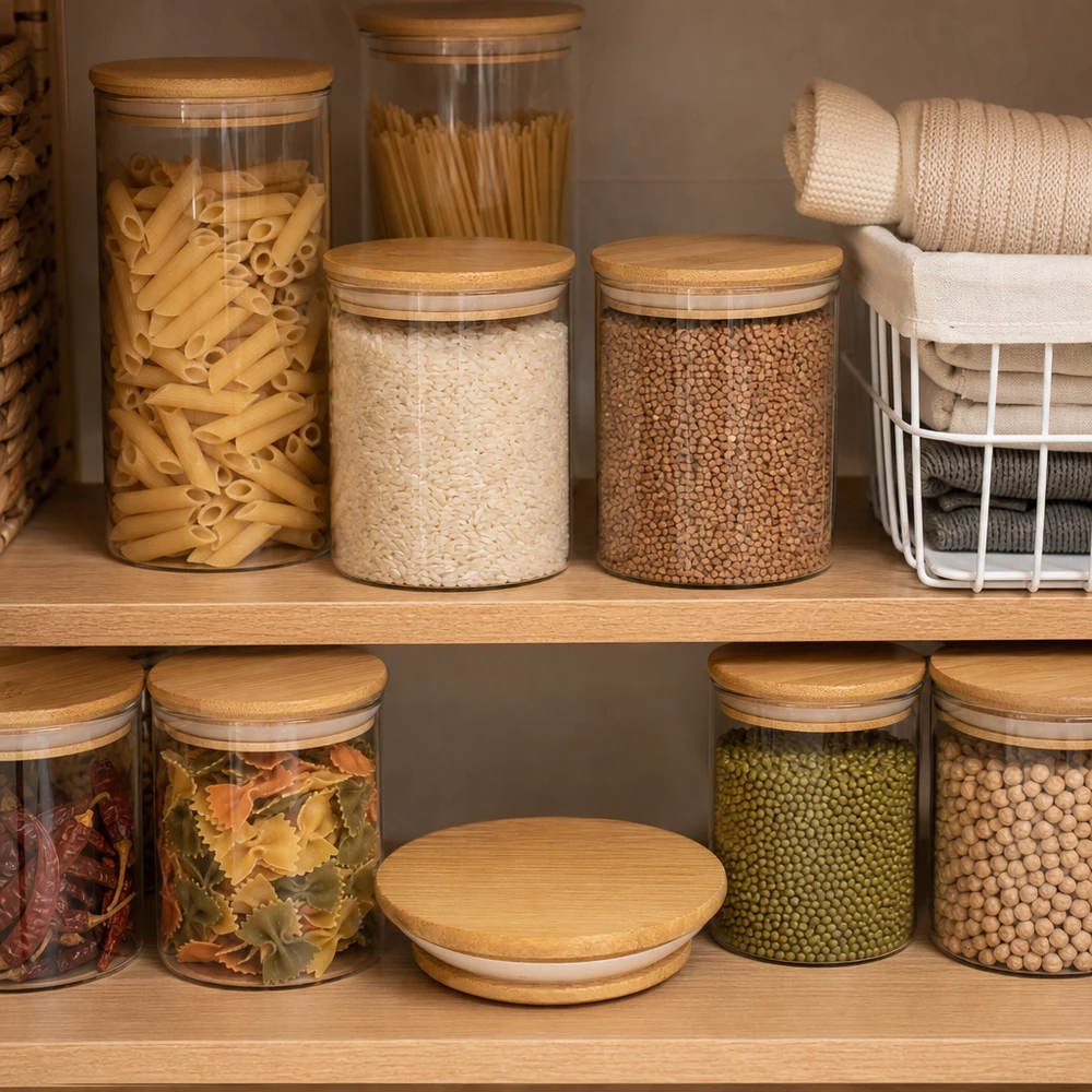 Houten deksel WECK RR80 WECK RR80 houten deksel versie A in praktische opbergkeuken met georganiseerde potten voor pasta, rijst en peulvruchten