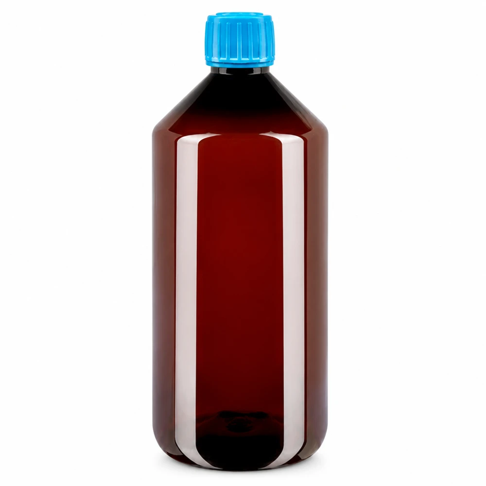 50 ml PET medicijnfles met verstuiver zwart GCMI 28/410 incl. dop transparant, standaard Apothekersfles van 1000 ml van bruin PET met een blauwe schroefdop en OV-beveiliging