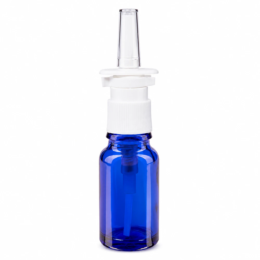 Farmaceutische neussprayfles van 10 ml, blauw, STD ApoGlas, met witte doseerpomp
