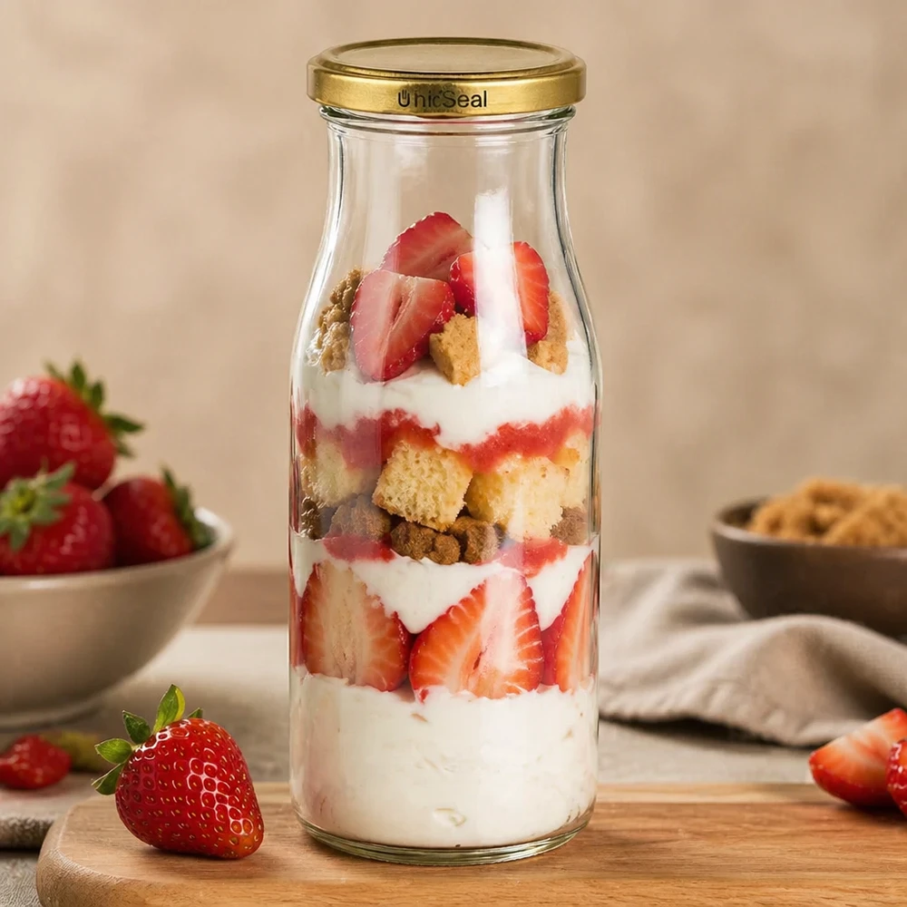 150ml fles met BioSeal deksel goud UNiTWIST UNiTWIST glazen fles 150ml aardbeien dessert gelaagd dessert gouden TO43 BioSeal deksel room koekjes houten bord