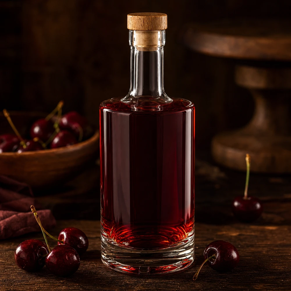 500ml glazen fles Nora gevuld met kersenlikeur donkerrode houten kurk UNiTWIST verse kersen rustieke houten tafel