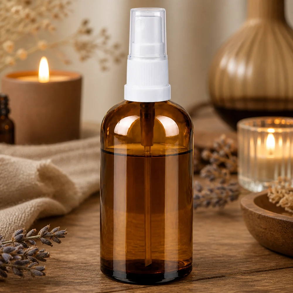 100ml sprayflacon wit/tr. STD BrownLine UT18/100 Robuuste glazen fles van 100 ml in bruin met fijn vernevelingssysteem voor een gelijkmatige verdeling