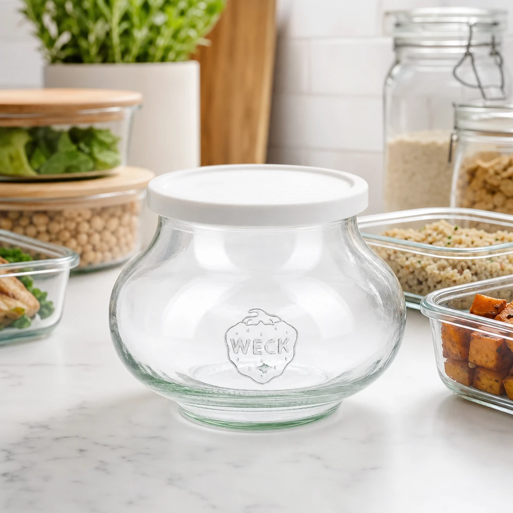 WECK RR80 sierglas van 560 ml met vershouddeksel WECK Vorratsglas 560ml RR80 in moderner Küche zwischen Meal-Prep Behältern und Gewürzgläsern für stylische Aufbewahrung