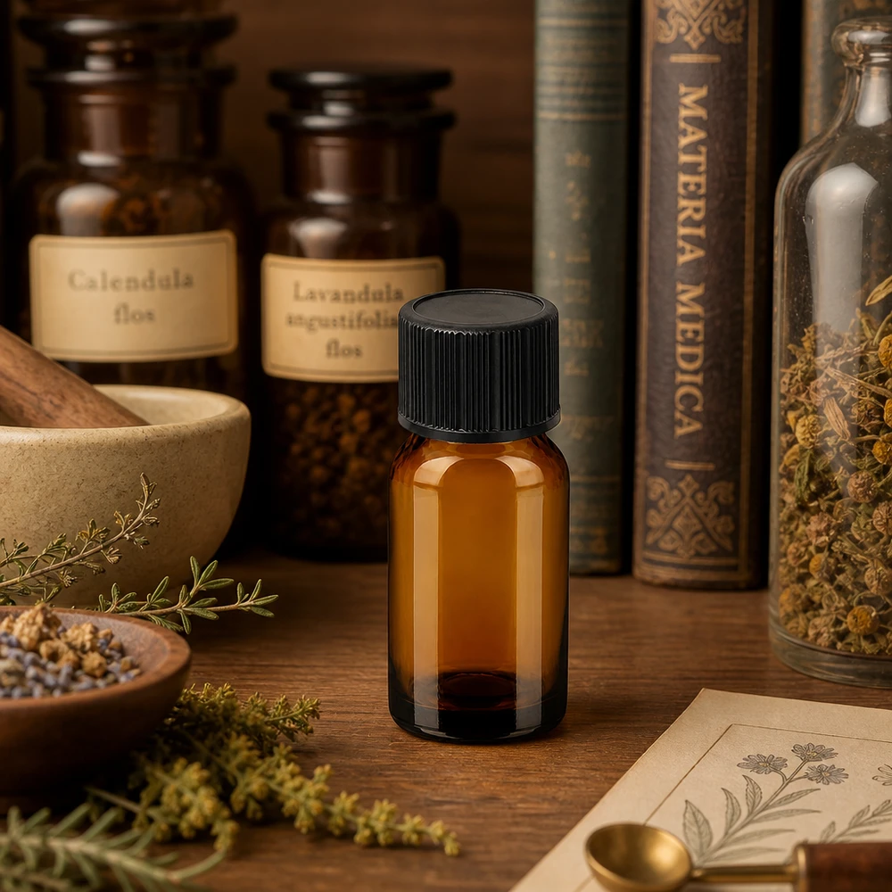Klein bruin glazen flesje 10ml met zwarte druppeldop voor doe-het-zelf mengsels en concentraten
