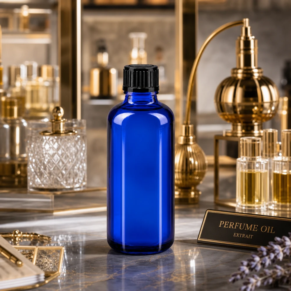 50 ml druppelflesje STD blauw met zwarte dop naast een vintage parfumverstuiver van goud