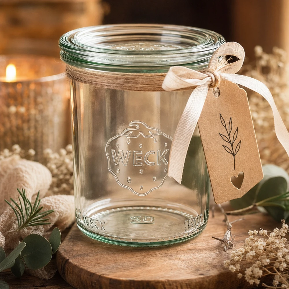 WECK RR60 glazen pot van 160 ml als geschenkverpakking met label en lint in een gezellige sfeer met kaars
