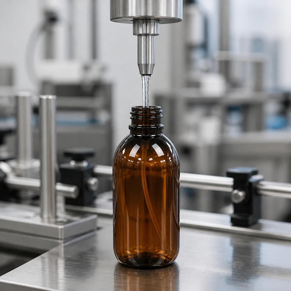 250 ml PET medicijnfles met verstuiver zwart GCMI 28/410 incl. dop transparant, standaard Hochwertige braune 250ml Kunststoff Sprühflasche mit engem Flaschenhals in Serienproduktion