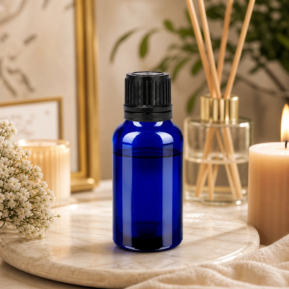 Professionele 20ml glazen fles BlueLine met zwarte 11mm dop voor cosmetica en farmacie