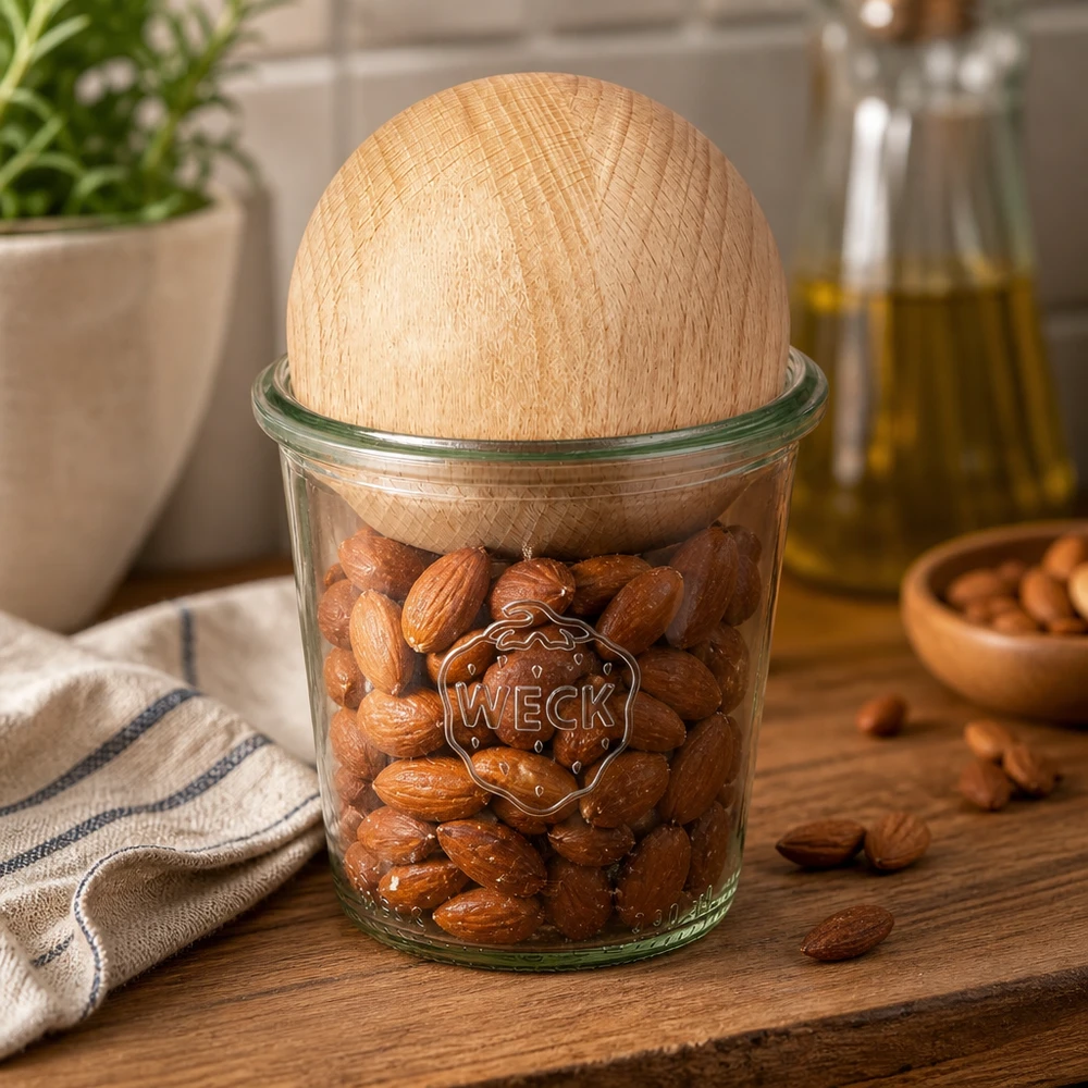 WECK beker 290ml RR80 gevuld met amandelen en beuken bol deksel op een houten plank in een natuurlijke keukenomgeving