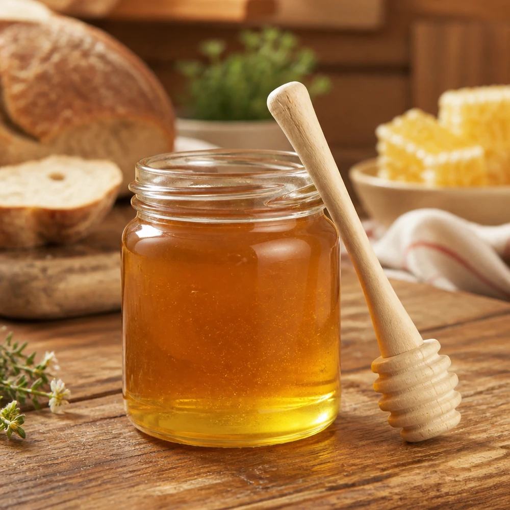 Honinglepel van esdoornhout in honingpot met natuurlijke honing toont praktisch gebruik in een gezellige keukenomgeving