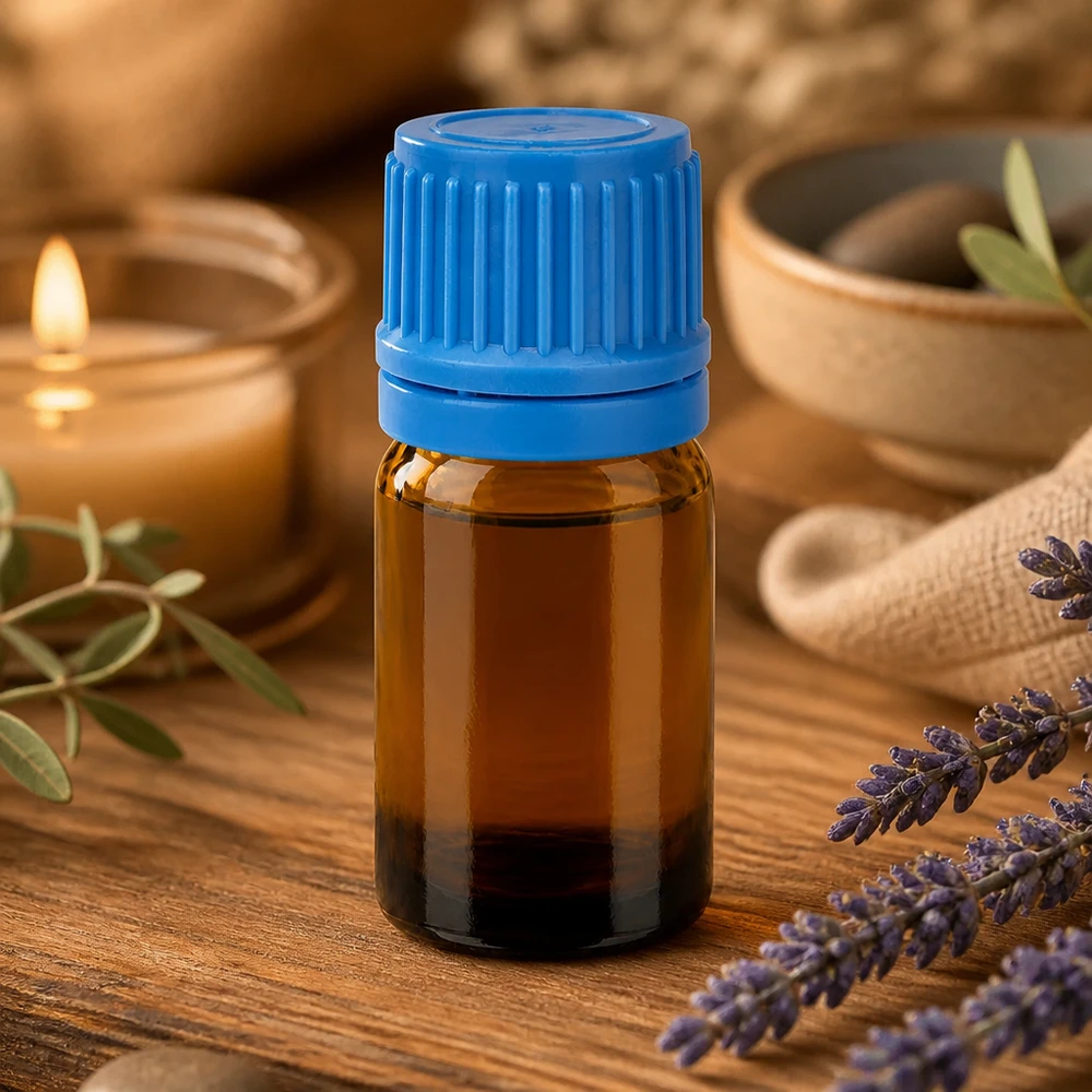 Klein 5ml apothekersflesje van bruin glas met blauwe schroefdop voor cosmetica