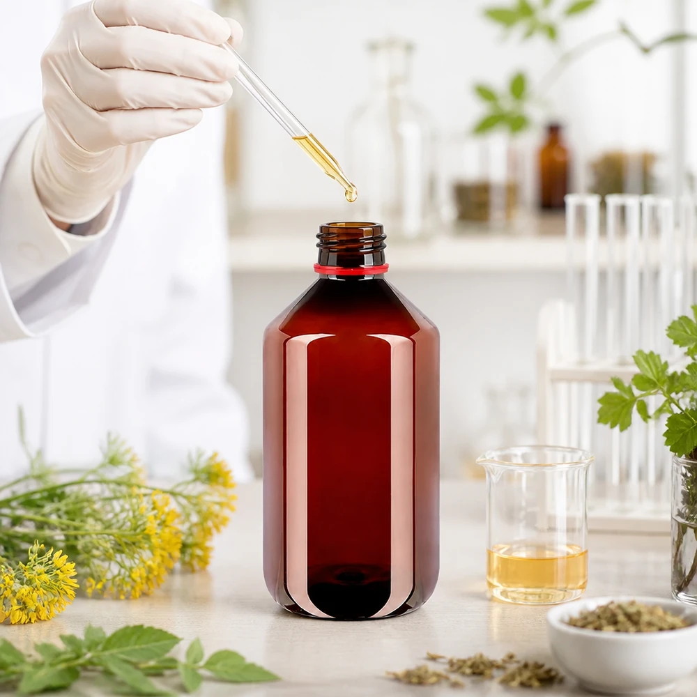 PET-fles 500ml met wit/rode dop OV Voedselveilige bruine PET-fles van 500 ml met een rode verzegeling