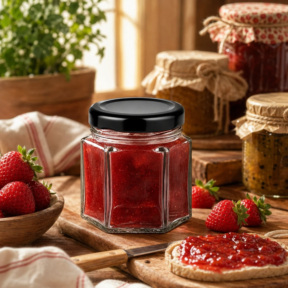 Hexa pot 47ml met zwart deksel gevuld met aardbeienjam in rustieke keuken met verse aardbeien