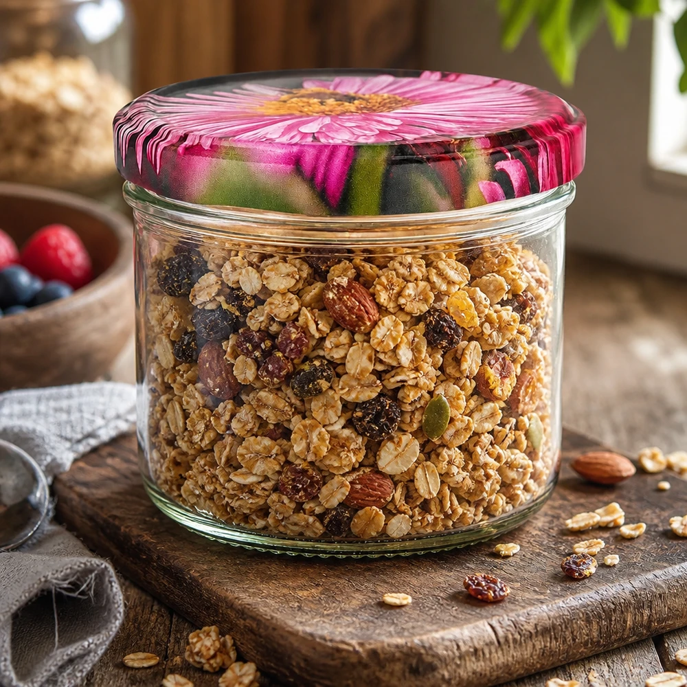 230ml cilindrische pot met BasicSeal deksel Bloemen decor UNiTWIST Voorraadpot 230ml BasicSeal deksel bloemmotief gevuld met muesli noten gedroogd fruit granola opslag