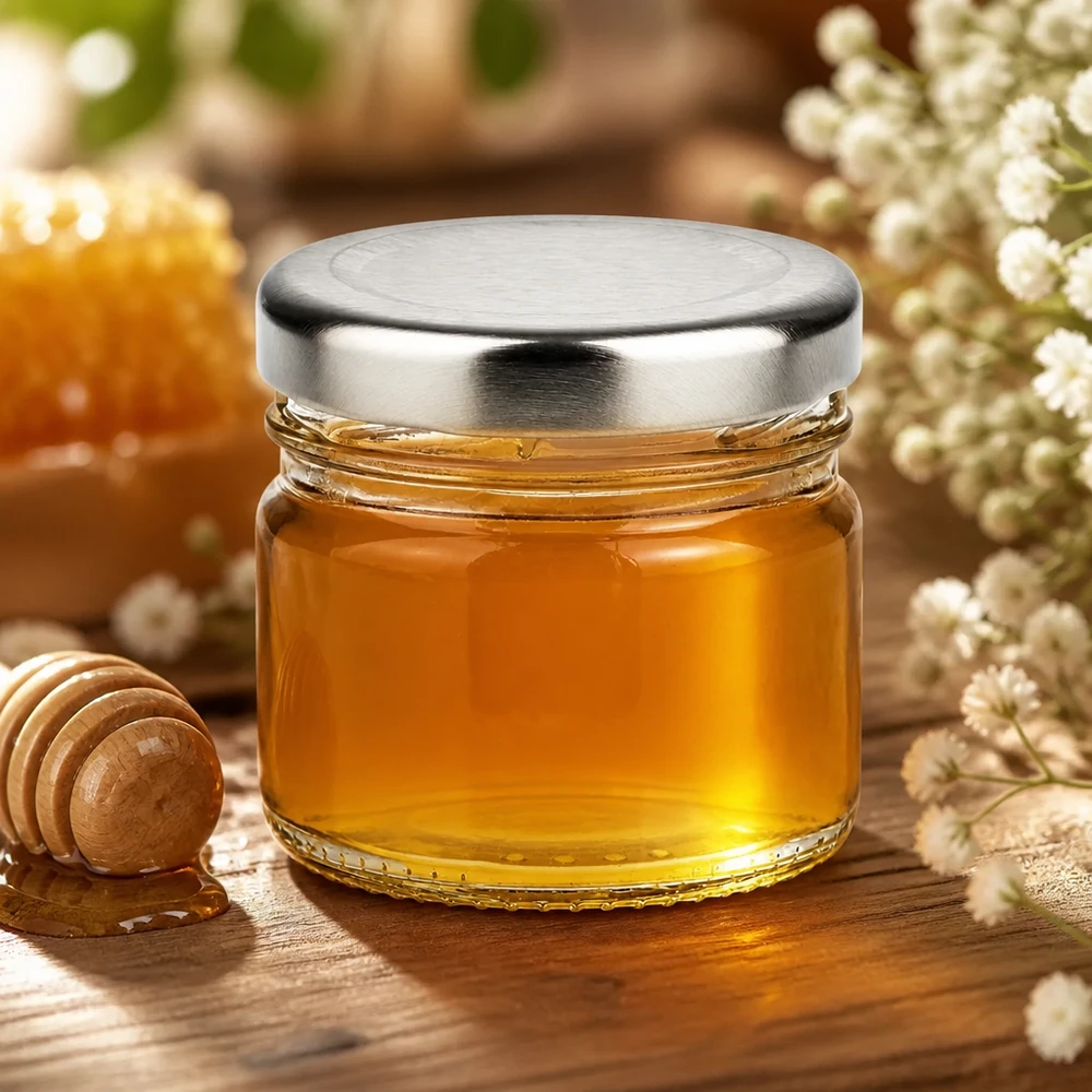 Mini-inmaakpotje van 33 ml met BasicSeal-deksel in zilver, voor honing en als decoratie met wilde bloemen