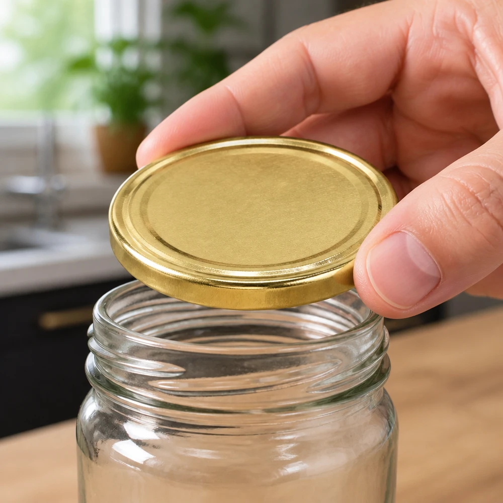 UNiTWIST TO43 goud, BioSeal, BPA-NI, unitemp Hand plaatst gouden deksel van 43 mm op glazen pot UNiTWIST TO43 unitemp inmaken