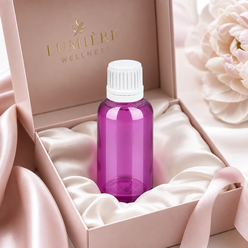 Paars doseerflesje van 30 ml met 0,7 mm opening voor serums en tincturen