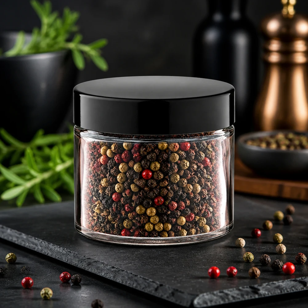 Kruiderpot-idee: Glazen pot 30ml helder inkl. sluiting Gewürz Idee glazen potje van 30 ml met veelkleurige peperkorrels naast een koperen pepermolen
