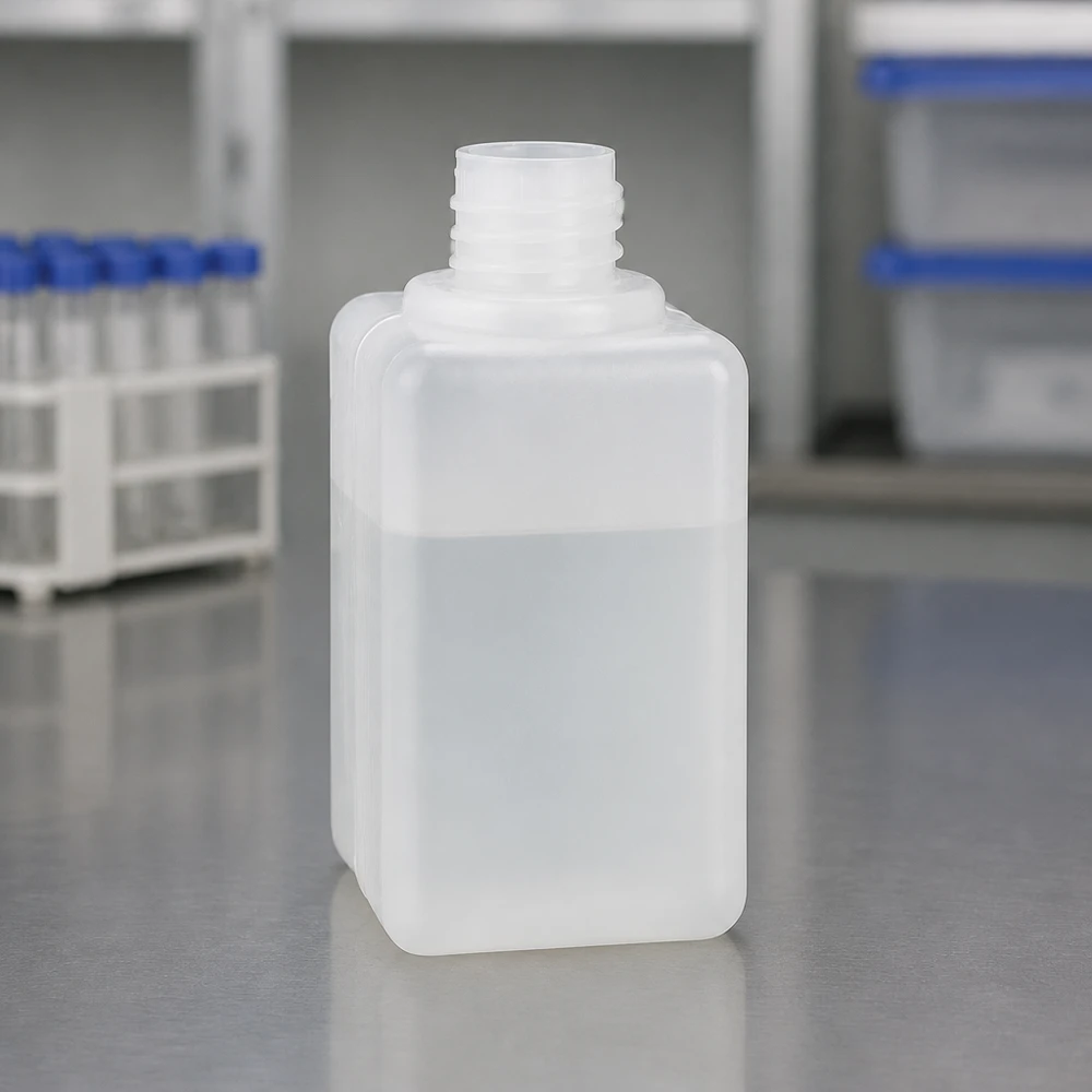 Melkwitte PE-HD-fles met smalle hals, GL 18, 50 ml, robuust en zuurbestendig, voor gebruik in laboratoria