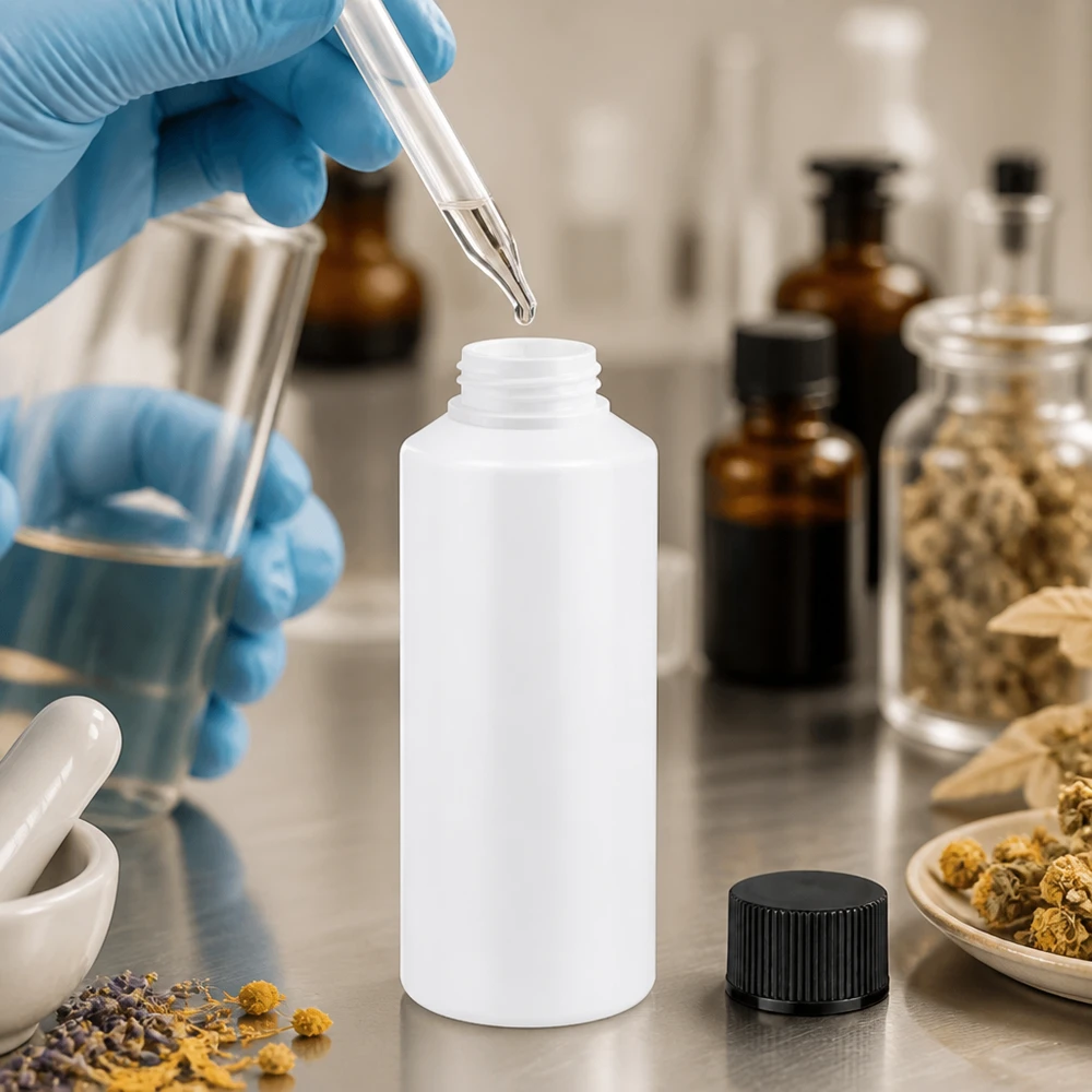 PET cilinderfles 100ml wit met schroefsluiting zwart Farmaceutische laboratoriumfles van 100 ml, wit, HDPE, met een stevige zwarte schroefdop