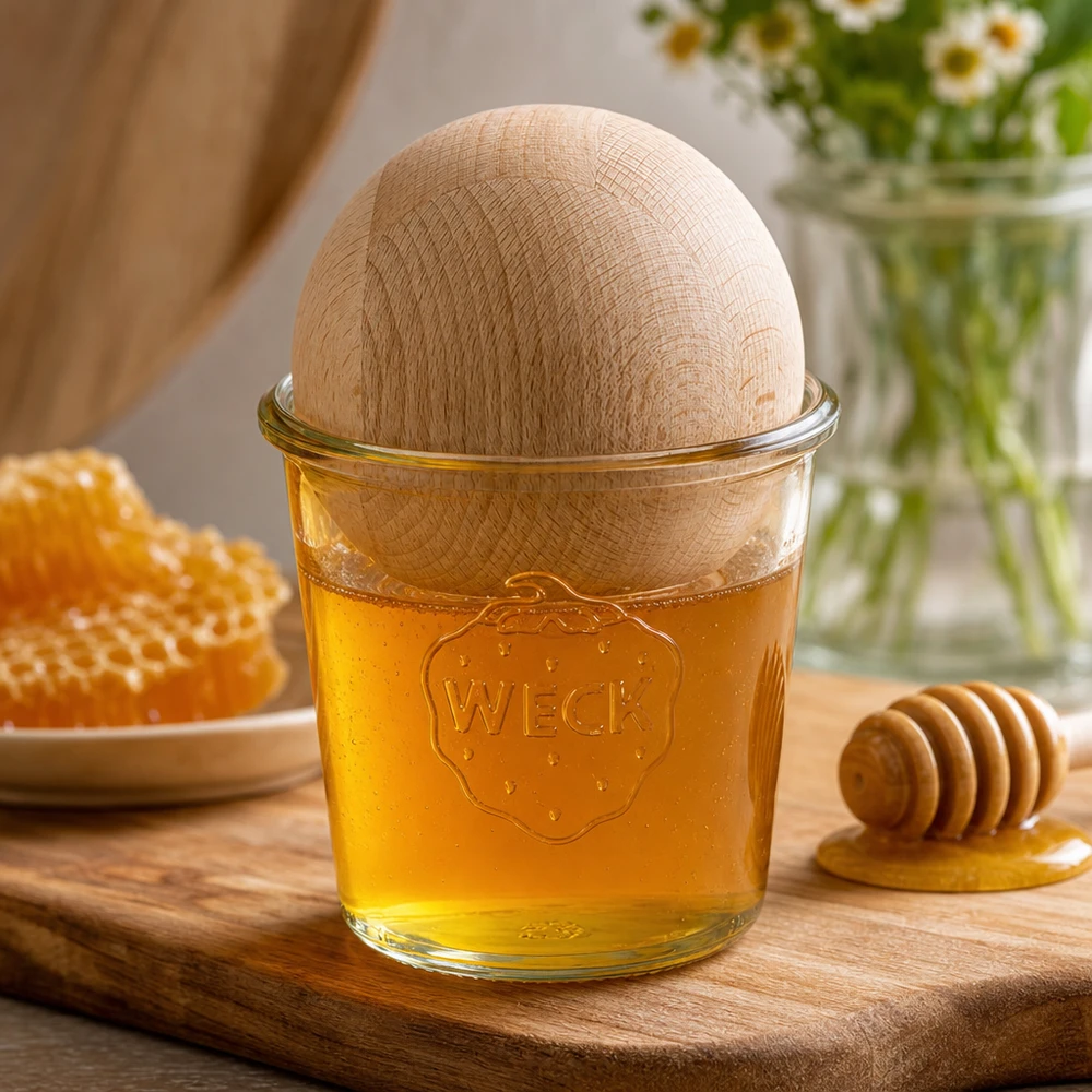 WECK RR100 580ml mason jar met houten beukenhouten bal gevuld met honing op houten plank naast honingraat en honinglepel