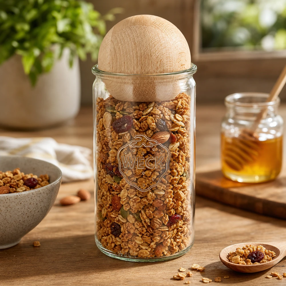 1590ml cilinderglas WECK RR100 met houten bal WECK voorraadpot 1590ml RR100 gevuld met muesli en noten toont praktisch keukengebruik met houten bolstop