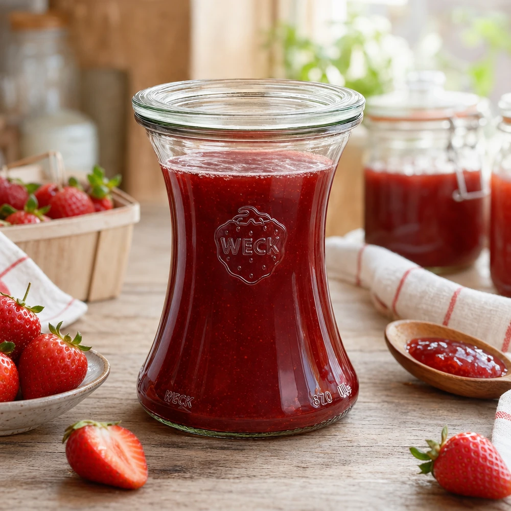 WECK delicatessenpot 370ml gevuld met aardbeienjam toont praktisch gebruik van de RR80 inmaakpot in de keuken