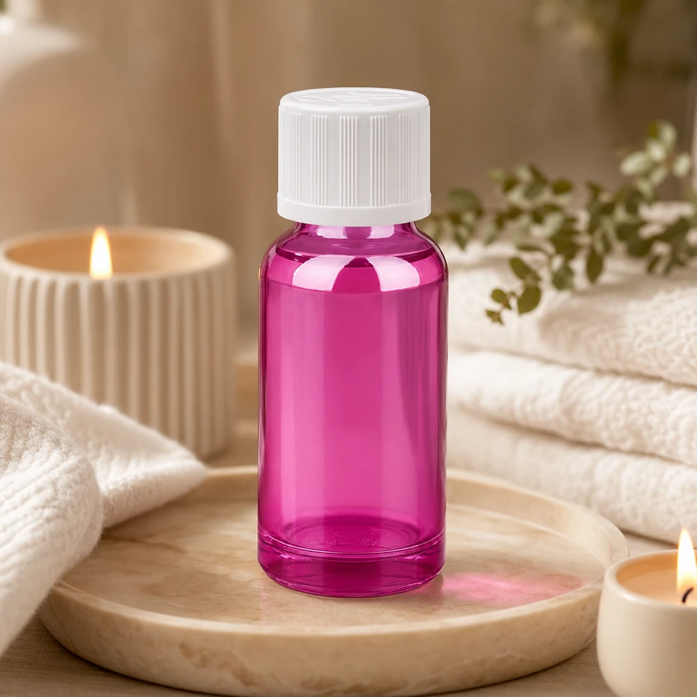 20ml druppelfles 1,2mm wit standaard kindveilig PurpleLine.UT18/20 Ergonomisch druppelflesje van 20 ml in helder fuchsia, perfect voor mobiele toepassingen onderweg