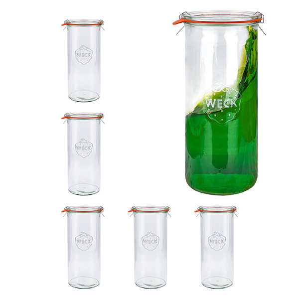 Set van 6 Weck bekers 1500ml rond + glazen deksel + ringen + klemmen