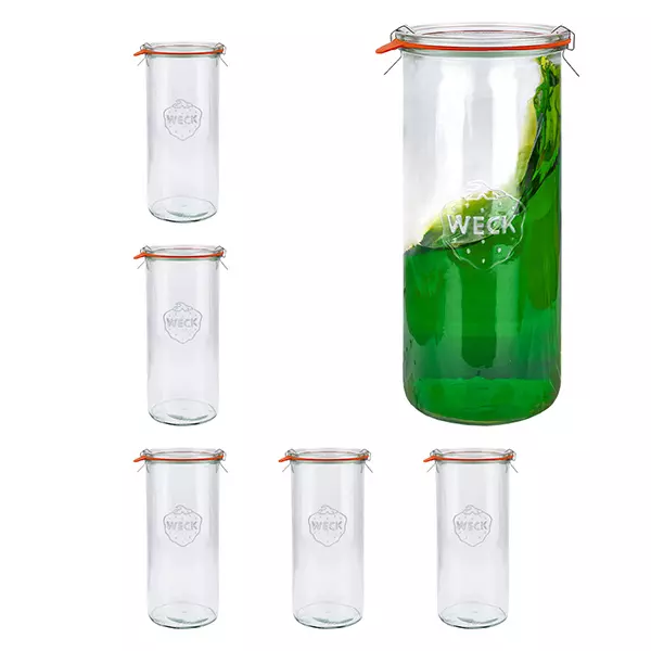Set van 6 Weck bekers 1500ml rond + glazen deksel + ringen + klemmen