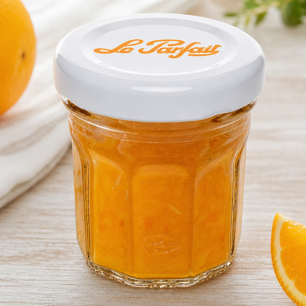Le Parfait mini tumblers 44ml gevuld met sinaasappelmarmelade en witte deksel naast verse sinaasappelschijfjes