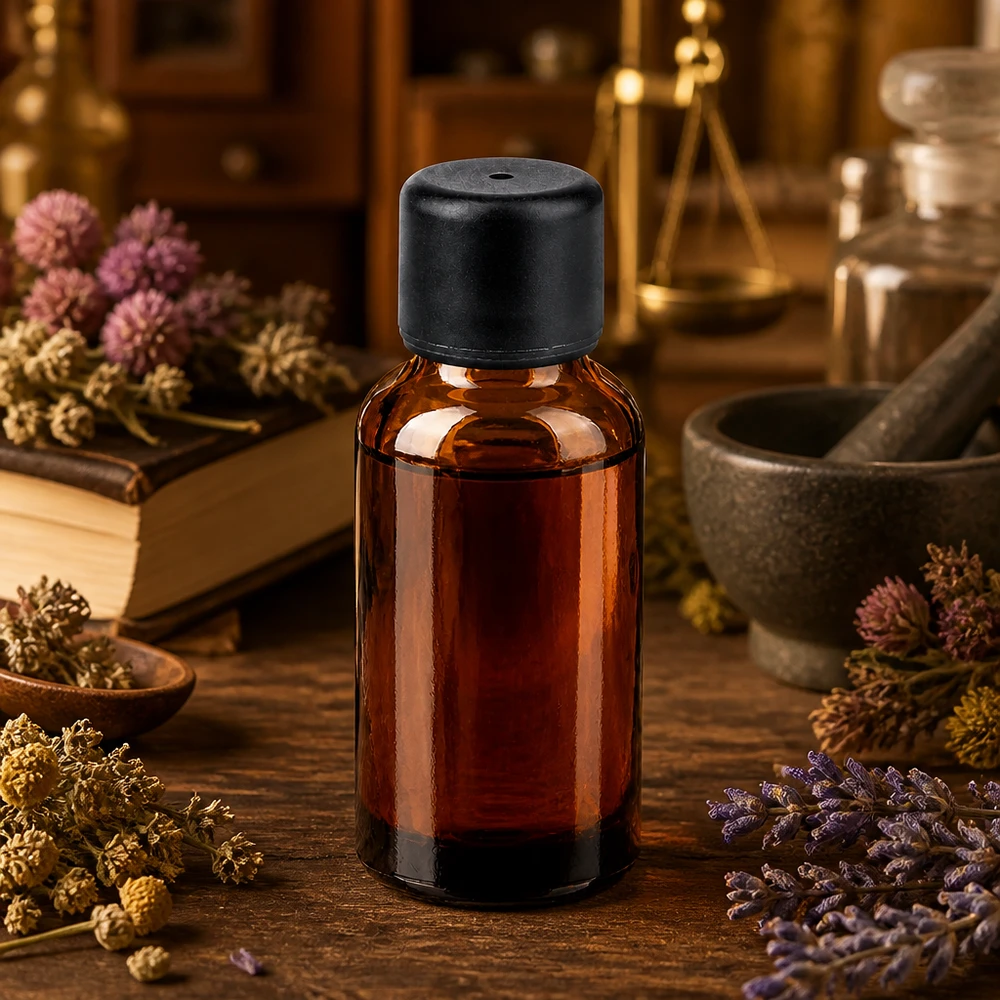 Handig amberkleurig glazen flesje van 30 ml met zwart deksel voor parfumoliën en parfums
