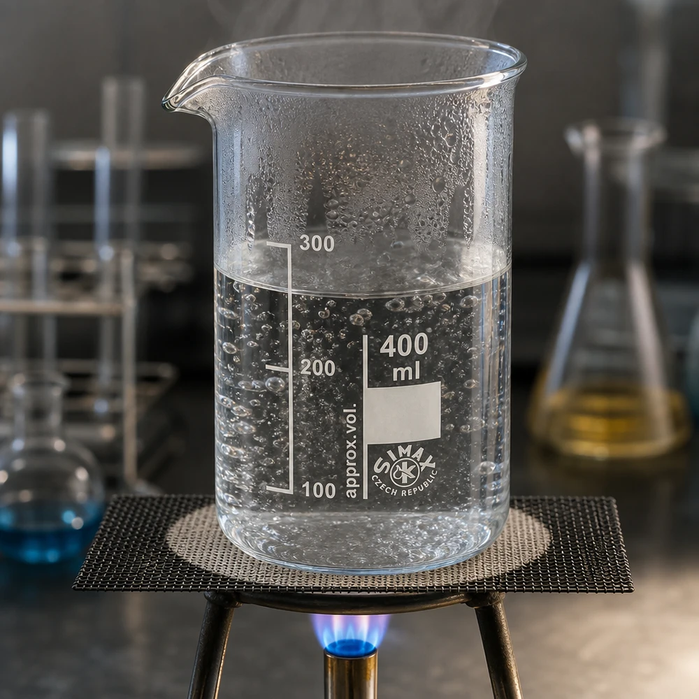 Becherglas van 400 ml, hoog model met witte ml-schaalverdeling, bij een laboratoriumproef met een bunsenbrander