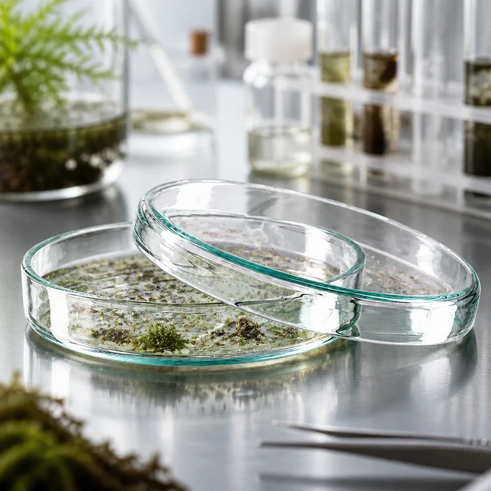Analyse van botanische monsters in een glazen petrischaal van 80 x 15 mm met mos-extract in het onderzoekslaboratorium