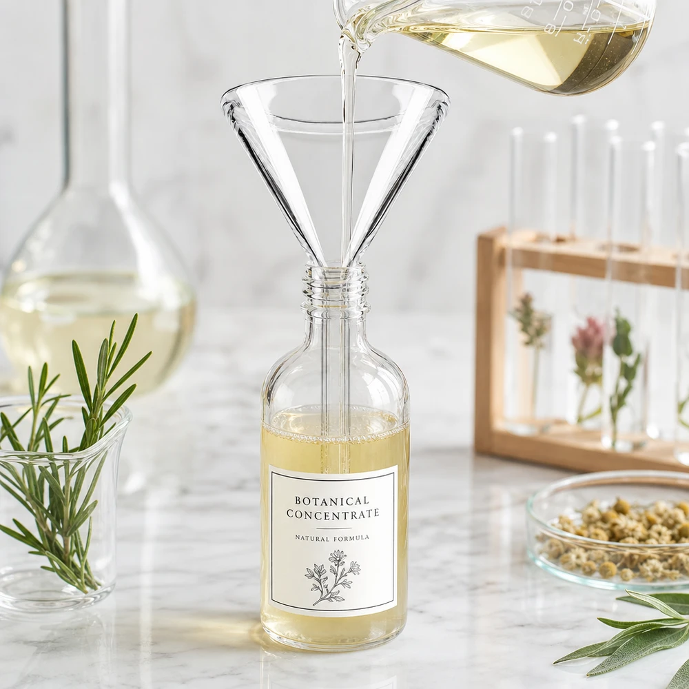 Compacte laboratoriumtrechter van soda lime glas met 40 mm opening en praktisch kort handvat voor eenvoudig hanteren