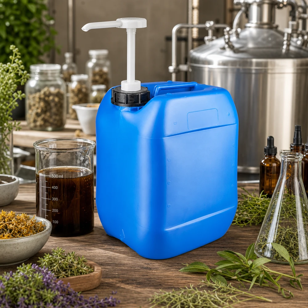 Blauwe jerrycan van 10 liter met witte pompdispenser in een kruidendestilleerderij met roestvrijstalen reservoir