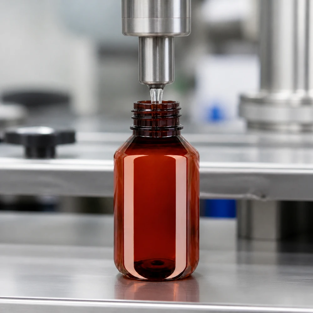 PET-fles 100ml met witte flip-top dop. Industriële afvulmachine met roestvrijstalen spuitmond vult een amberkleurige plastic fles van 100 ml