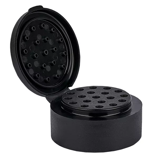 Zout/kruidenpot deksel met strooi-inzet zwart - Totaal 19 gaatjes ø3.5mm. Draad 41mm. Klapscharnier. PP.
