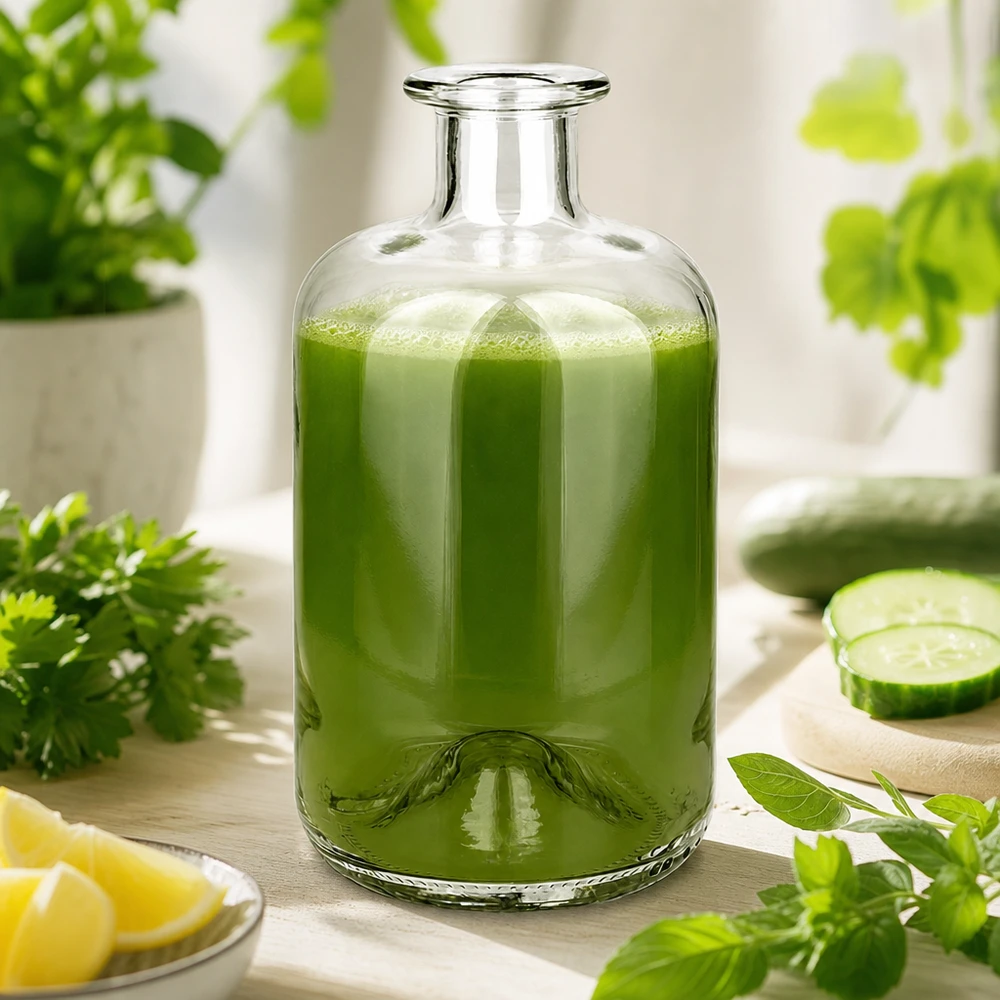 Apothekersfles Luna 500ml gevuld met groene smoothie omringd door verse kruiden komkommer en citroen als wellnessdrank.