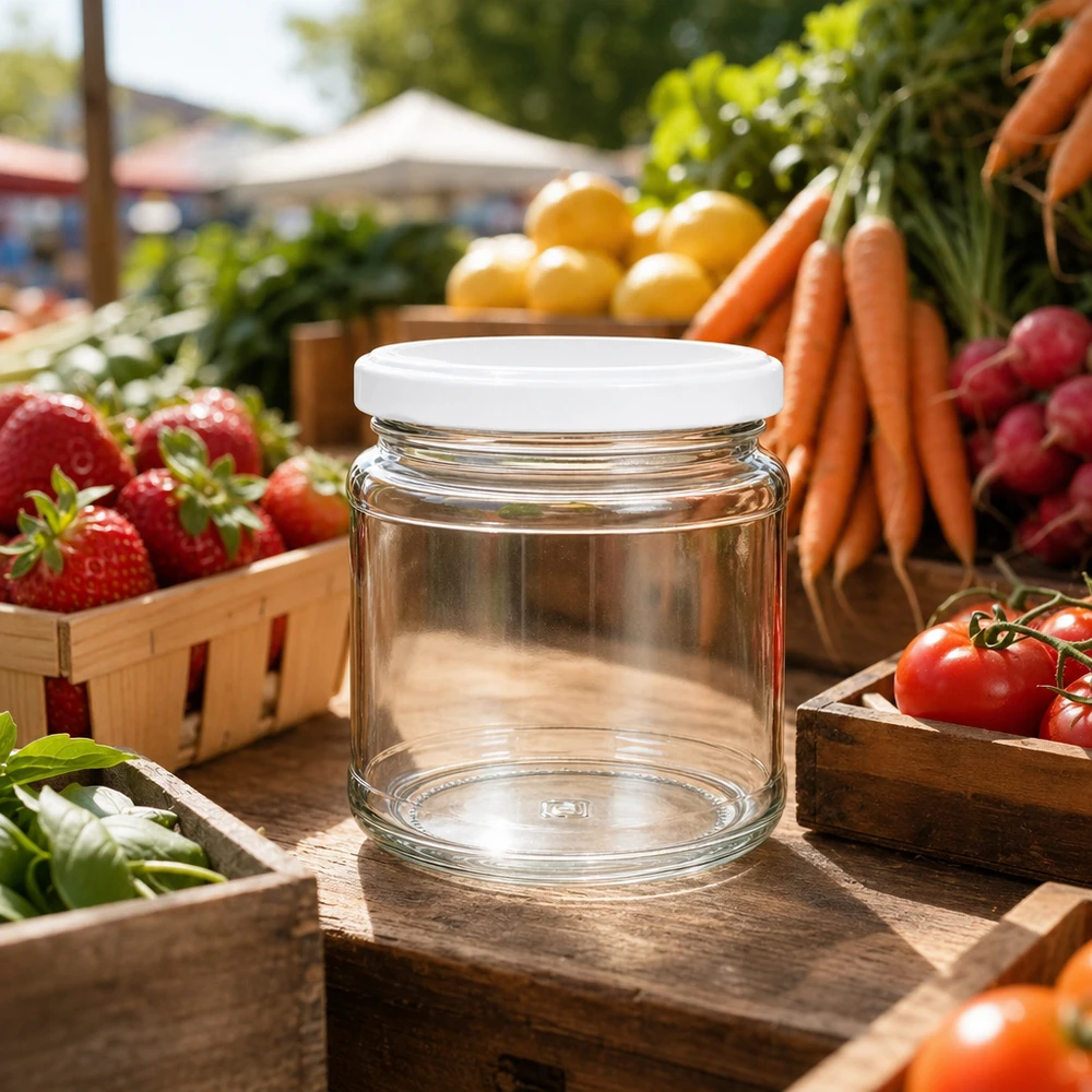 212 ml ronde pot met BasicSeal deksel op marktkraam tussen vers fruit en groenten - perfect voor jam