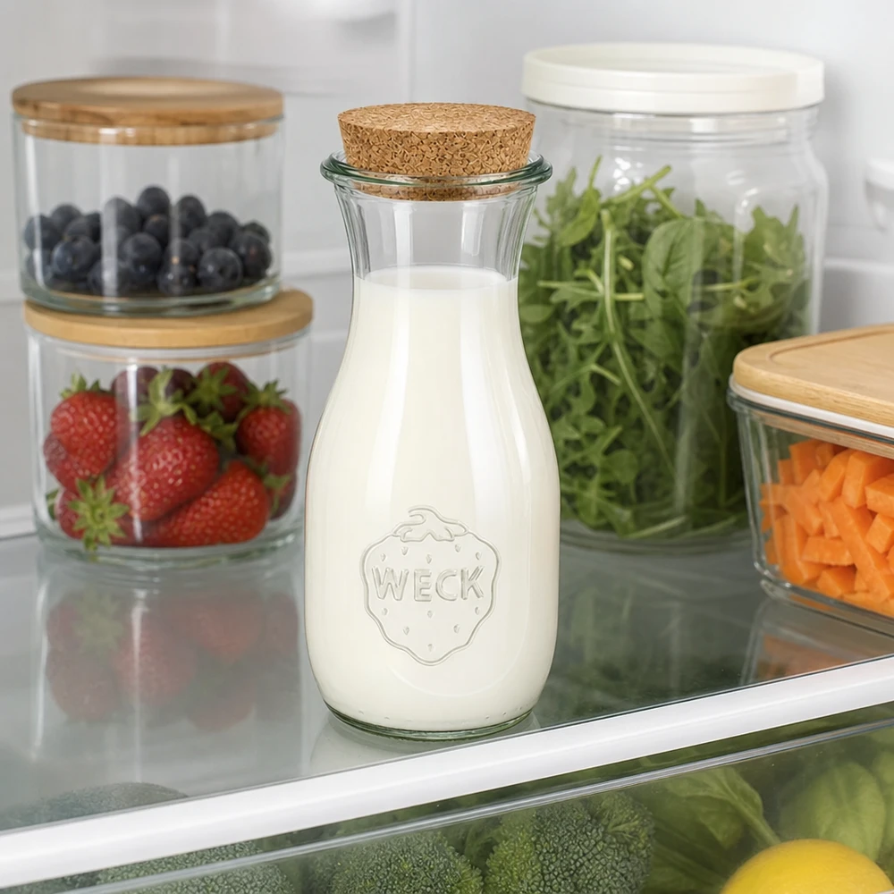 WECK sapfles 530ml gevuld met melk in de koelkast naast voorraadpotten met bessen, salade en groenten